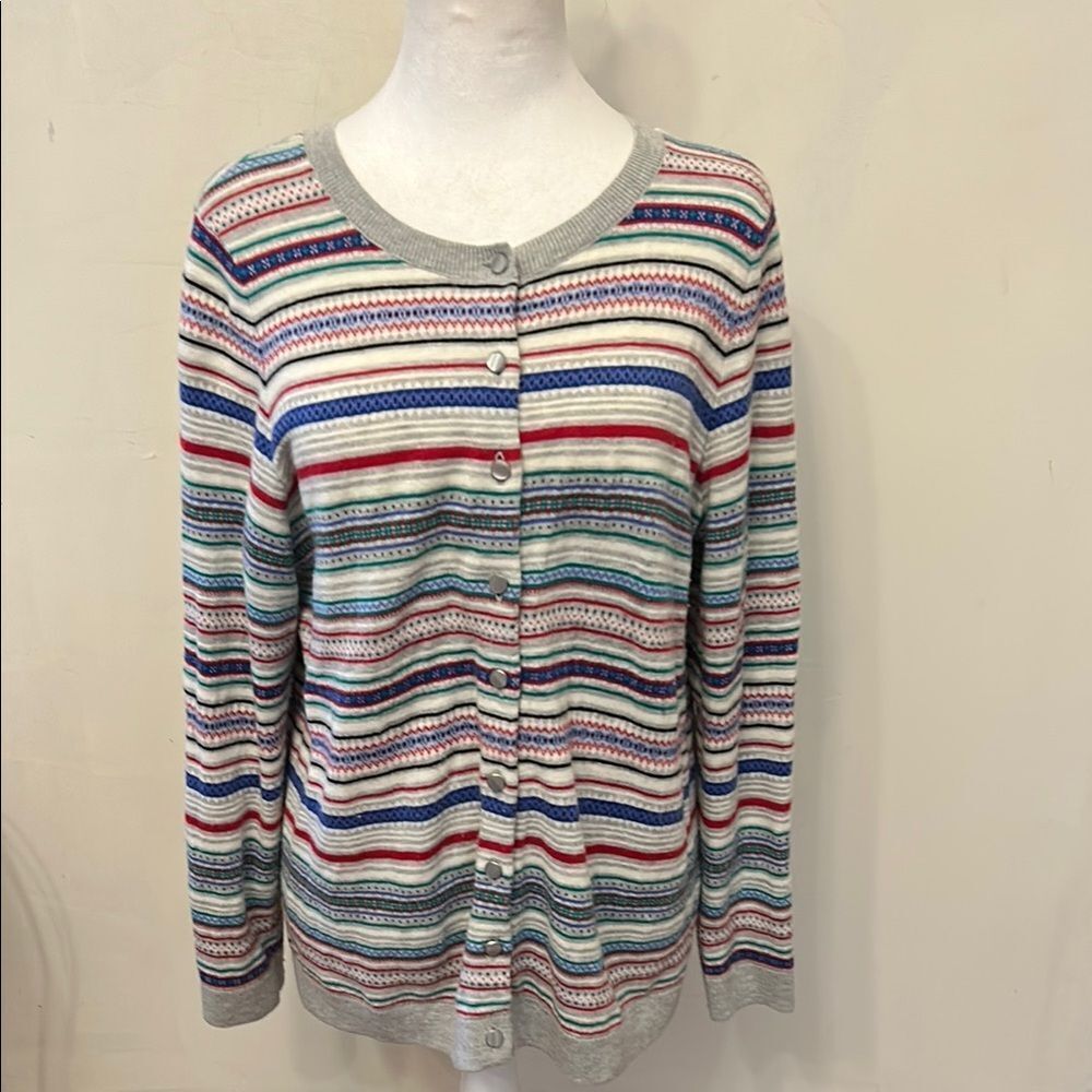 Talbots Red Blue Gray fair isle lightweight Cardigan Sweater Size 1XP EUC
